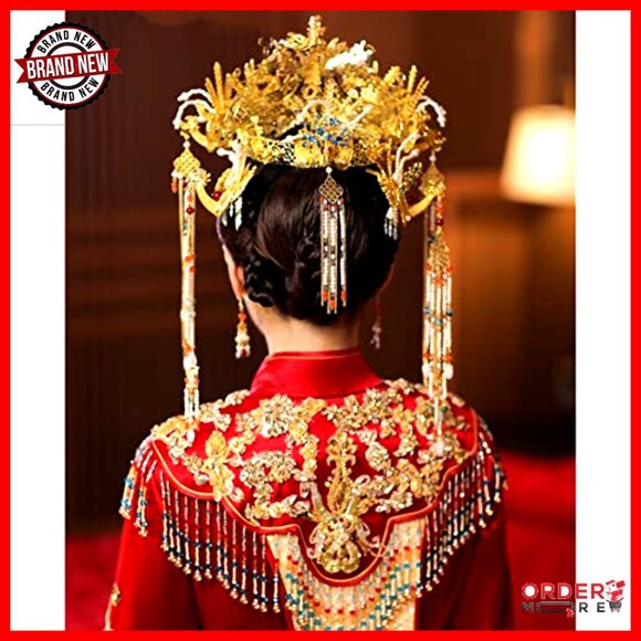 Traditional Chinese Wedding Tiara Headband with Earrings Gold Floral Beaded main image 6